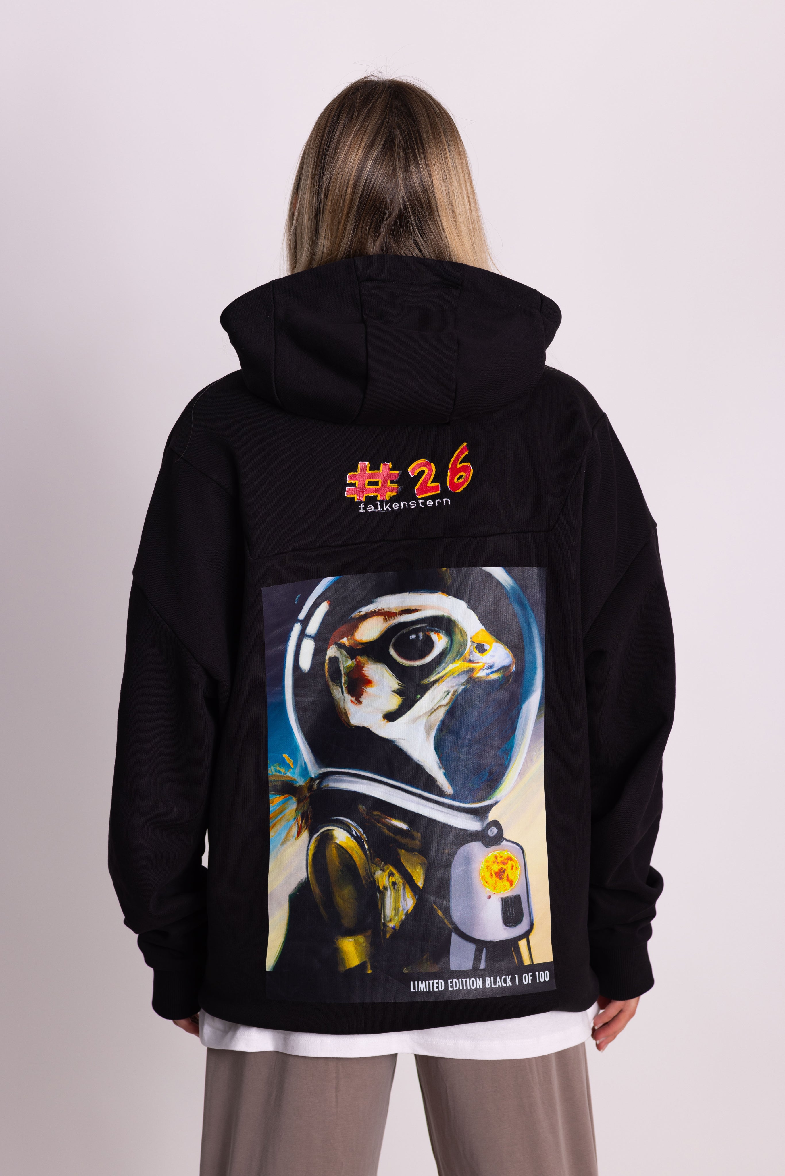 Person wearing a black hoodie with a unique design on the back, featuring a falcon in an astronaut suit.